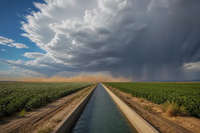 Monsoon thunderhead building over irrigated fields and a straight concrete canal in the Arizona Sun Corridor