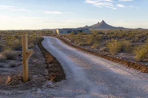 Freshly bladed caliche driveway curving through a creosote flat toward a manufactured home site with mulched shoulders and a distant desert peak