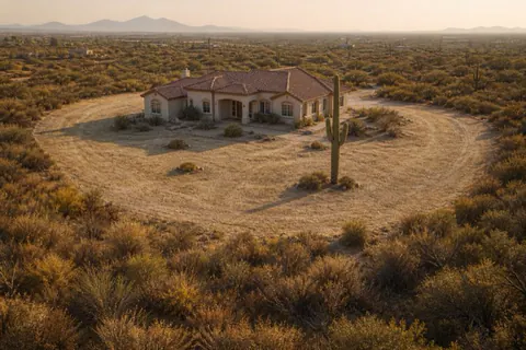 Cleared defensible-space buffer arcing around a stucco ranch home on desert acreage with thick dry brush outside the ring and one preserved saguaro inside it
