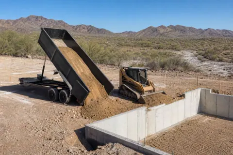 Pale fill sliding out of a raised dump trailer at the low corner of a cleared desert lot, a skid steer pushing it up toward the staked pad
