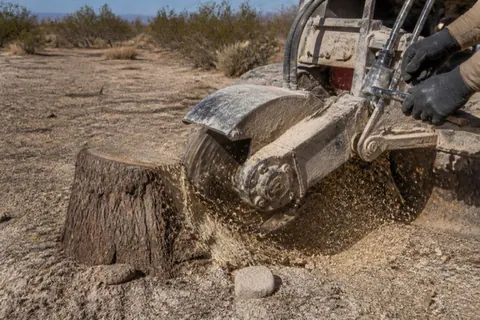 Carbide grinding wheel chewing down a heavy mesquite stump, chips spraying and white caliche dust coating the machine